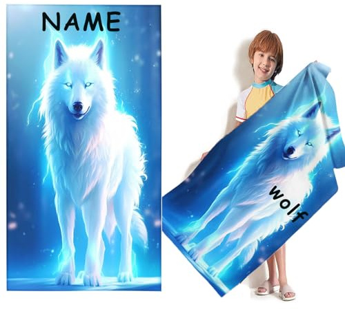 KIDSLOVE Personalisiert Wolf Strandtuch Mit Namen, Cartoon 3D Wolf Tiere Handtuch mit Namen Badetuch, Mikrofaser Strandtuch Groß 90x180cm Badetuch Handtuch für Strand (100 x 200 cm,1)