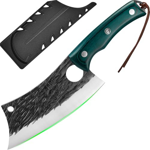 FULLHI Küchenmesser mit Schutz, Mehrfarbiger Griff Kochmesser, Geschmiedetes Fleischermesser mit vollem Tang für Outdoor, Camping, BBQ, Weihnachtsgeschenke