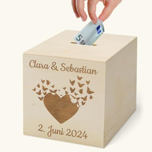 Personalisierte Spardose Hochzeit - Sparschwein Holz mit Gravur - Hochzeitsgeschenk Geld für Ehepaare - Größe ca. 10x10 cm