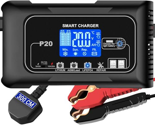 HTRC 12V/20A ＆ 24V/10A Autobatterie Ladegerät, Ladegeräte für Autobatterien, Batterieladegerät KFZ für Auto, Motorrad, Rasenmäher, Boot, Lithium, LiFePO4 und Blei-Säure(AGM, Gel, MF, EFB, SLA usw)