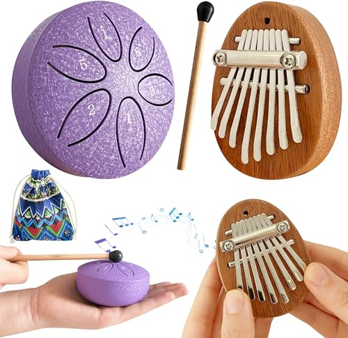 Jongdari Mini Rain Drum and Kalimba Thumb Piano, 2pcs Mini Musical Instruments 8 Key Exquisite Finger Thumb Piano and 3 Inch 6 Notes Metal Steel Tongue Drum for Adult Beginners (Purple)