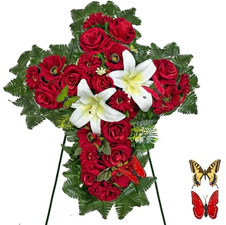 HENOMO Cemetery Flower for Grave Decorations, Memorial Floral Cross with Easel Stand,Headstone Wreath-Red Rose Hibiscus/White Lily-28 Inch