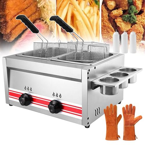 CZAOERXB Freidora Comercial de 20 l, freidora eléctrica de Doble Tanque, freidora de Acero Inoxidable con Tapa y cestas, Olla freidora eléctrica para Uso doméstico y Comercial (con Guantes)