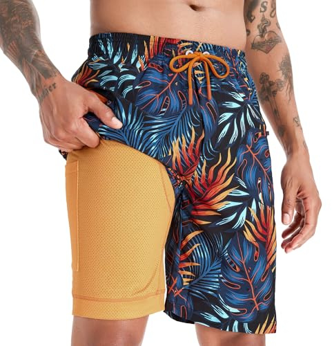 APTRO Badbyxor för män, långa med kompressionsliner, snabbtorkande badshorts, badbyxor, 2 i 1 badbyxor med dragkedja, innerbyxor, surfing, strandbyxor, Palm Orange Mk281, L