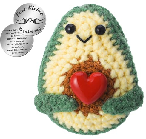 Camptrip Pocket Hug Avocado Strickwolle Avocado Kuscheltier mit Glücksbringer Positive Geschenke für Erwachsene und Kinder Motivationspuppe mit Energiekarte als Mutmacher Geschenk