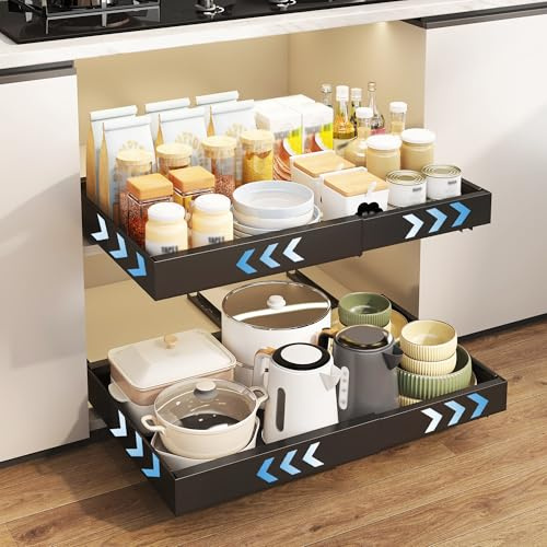2 Stück Teleskopschublade mit Klebstoff,einstellbare Breite 32-52cm,Schwarz | 3 Gleitschienen für Küchenschränke, kein Bohrer, ausziehbares Regal für Küchenvorräte