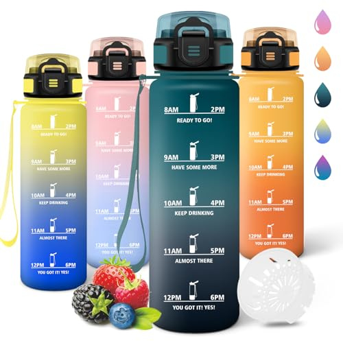 Motswedi Botella agua 1 litro, a Prueba de Fugas, Cantimplora, Reutilizable, Botella agua Gimnasio, con Marcador de Tiempo, botellas Gym para Yoga, Oficina, Gym, Verde&Gris