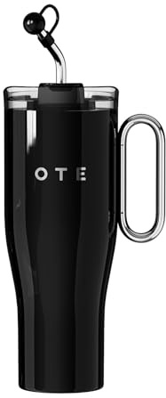 OTE Taza de 40 oz con asa y tapa con pajita, botella de agua reutilizable, taza de acero inoxidable de doble pared con aislamiento al vacío para bebidas calientes/frías (negro)
