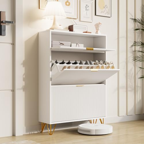 BEIJIALY Schuhschrank mit 3 Klappen, schmaler Schuhschrank, weiß, mit 5 Fächern, verstellbares Schuhregal, 80 x 24 x 118,5 cm, Aufbewahrung, große Kapazität, für Eingangsbereich, Flur (Weiß A)