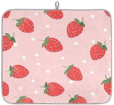 Cute Strawberry Polka Dots Absorbent Dish Drying Mat for Kitchen Counter, Reversible Microfiber Dish Drying Pad with Hanging Loop for Glassware Utensils Pots 16x18 in