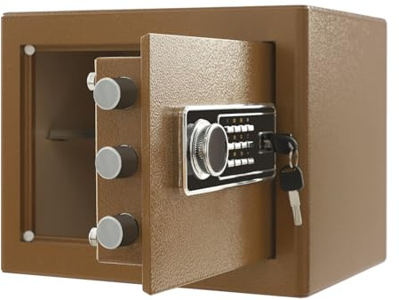 Safe Tresor Feuerfest für Zuhause, 38x32x30cm Digitaler Tresor mit Ersatzschlüssel, Abnehmbarem Regal und Alarmanlage, Wandtresor mit Zahlenschloss für Bargeld Wichtiger Dokumente (Kaffeefarben)