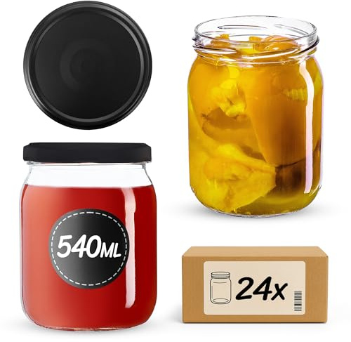 KADAX Lot de 24 bocaux en verre 540ml Ø82 – Couvercle Twist-Off hermétique TO82 – Pour confitures, conserves, cornichons, miel & fermentation