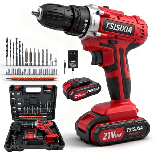 Cordless Drill Set, 21V Power Drill with Power Pack 2.0Ah and Charger, 3/8-Inch Keyless Chuck Electricdrill, 25+1 Torque, 23pcs Drill Driver Bits/Screws for DIY Projects (Red)
