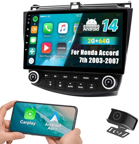 Car Radio Stereo for Honda Accord 7th Gen (2003-2007) Android 14 2GB+64GB Wireless CarPlay & Android Auto, 10-Inch IPS Touchscreen, Bluetooth WiFi GPS Navi, FM/AM, Backup Camera, SWC