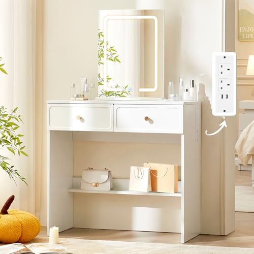 LEMROE Dressing Table with LED Mirror and Charger, Small Vanity Makeup Desk for Small Spaces W80cm, 2 Vacuum-Formed Drawers Dresser for Bedroom Women Girls White (White)