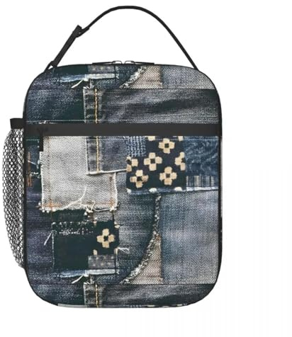 TFDGDGH Denim Patchwork Patches Pattern Thermal Insulated Lunch Bag for Work Quilting Portable Bento Box Cooler Thermal Food Box