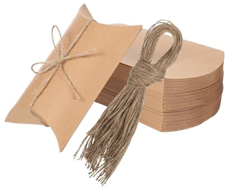 50 Stück Braune Kissenboxen aus Papier für Hochzeitsgaben | Inklusive Twines und Dekorationsschnur, Vintage Elegante Optik, Kompakt und Leicht zu Montieren