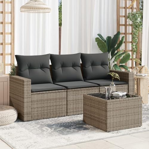 QJBSAVVA 4-TLG. Gartenlounge Poly-Rattan Grau 65,5 x 62 x 69 cm Ecksofa Mittelsofa Tisch mit Glasplatte platzsparendes Balkonmöbel-Set für Terrasse Garten Kleiner Balkon