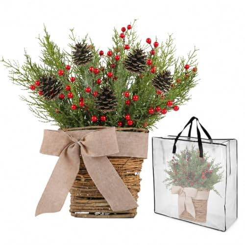 40cm Front Door Wreath, Real Wicker Basket, Burlap Bow & Pine Cones, Artificial Berries and Foliage, Winter Christmas Décor, Indoor or Outdoor Use, Reusable Storage Bag Included