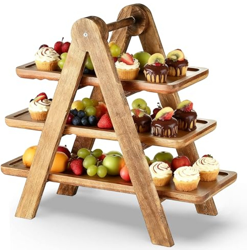 TFLPUO Soporte de madera, 44 x 42 x 17 cm, grande, 3 niveles, soporte plegable para servir magdalenas, aperitivos, soporte para servir tartas