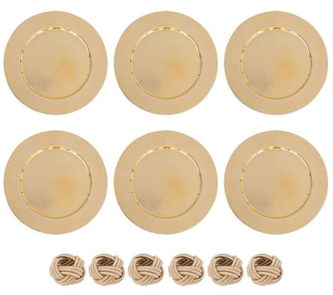 12 Piece Set - 6 Gold Christmas Charger Plates and 6 Napkin Rings - 33cm Textured Metallic Charger with Elegant Gold Knot Napkin Ring Durable Reusable Festive Table Décor