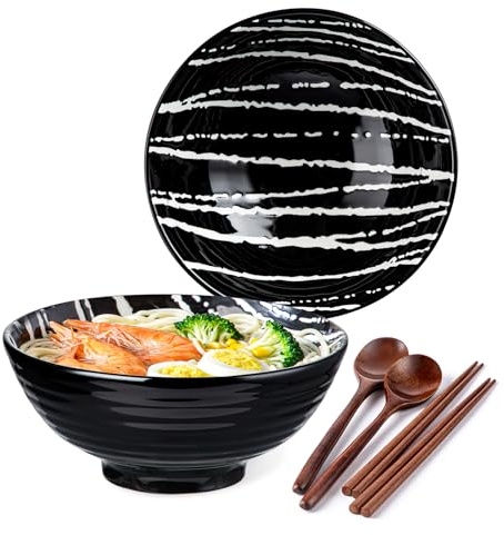 YUN TAO Ensemble de 2 bols à ramen en céramique 1183 ml, grand format style japonais, pour salade, pho, pâtes, soupes asiatiques, avec cuillères et baguettes (Noir)