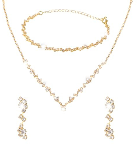 FdcLixuvol - Set di gioielli da sposa in oro con collane di cristallo, bracciali, orecchini, choker scintillante ed elegante, non appannabili, set di gioielli formali da ballo, pendenti con borchie