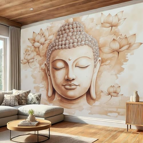 Cabeza Buda Acuarela Papel Pintado Fotomurales Para, Pintura Zen Con Tinta Papel Tapiz Pintado En Tejido seda - Pared Moderna, Marrón Claro Murales Fotográficos Decorativos - 250 x 175 cm