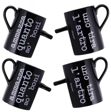 bricoleva.it Set 4 S.P.Q.eRe Caraffa Porta Arrosticini in Ceramica Nera, Capacità 1400 ml,Capacità 1400 ml - Ø 12,3 x h. 18 cm, 1 Bicchiere 2 Scritte (Double Face - Quanto so boni - Uno tira l'artro)