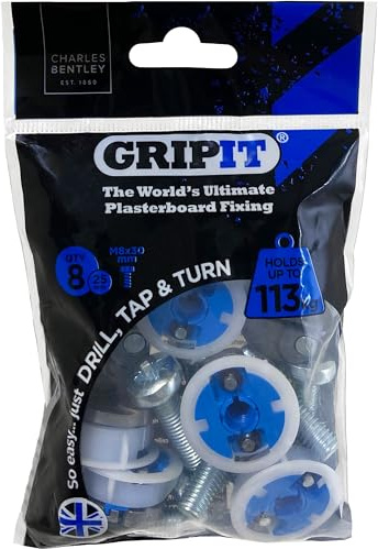 Gripit Blue Heavy-Duty Plasterboard Fixings, Pack of 8 - Holds Up to 113kg | Reusable Drywall Fixings, Easy to Install, Drywall Anchor for TV, Stud Walls, Kitchen Units & Boilers – UK Designed
