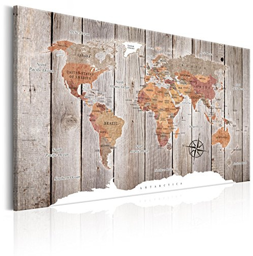 B&D XXL Weltkarte Pinnwand & Vlies Leinwand Bild 120x80 cm XXL Bilder mit Kork Rückwand 1 Teilig Kunstdruck Korktafel Korkwand Memoboard Pinboard Wandbilder Karte Landkarte