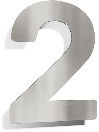 Edelstahl Hausnummer 2 - massiv, wetterfest & rostfrei - 14 cm groß - mit Befestigungsmaterial - Design Hausnummern-Schild gebürstet N-01-2-E