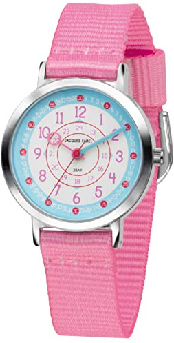 Jacques FAREL Happy Learning Kinder-Armbanduhr Lernuhr Mädchen Analog Quarz Metall Textilband KOP 04