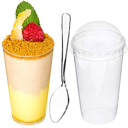 DLUX 100 x 90 ml Mini tasses à dessert avec couvercle et cuillère – Petits verres à dessert ronds réutilisables en plastique – Bols à dessert jetables, bols de service, ensemble de verres à dessert