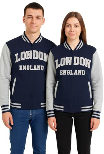 Chaqueta de béisbol universitaria unisex GWCC London England – Azul marino y gris | Parche bordado de London England y Union Jack | Chaqueta bomber casual para hombres y mujeres, Navy Gris, XL
