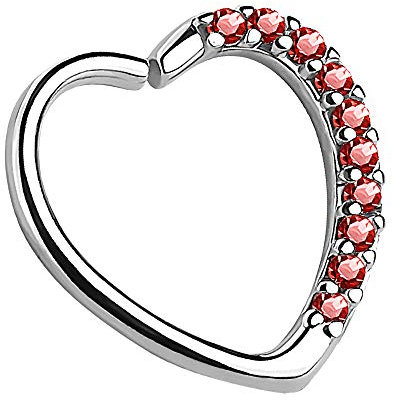 Piersando Continuous Piercing Ring Septum Tragus Helix Ohr Nase Lippe Knorpel Horseshoe Hufeisen Herz mit Strass Kristall Glitzer Silber Rot links