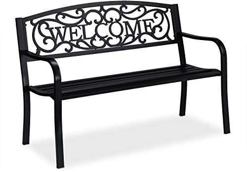 Relaxdays Banc de Jardin, Motif Bienvenue, 2 sièges, résistant aux intempéries; Anti Rouille; Banc siège, HlP 87x127x61
