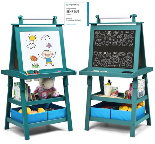COSTWAY 3 en 1 Tableau Enfants Double Face avec Rouleau de Papier, Chevalet Enfants avec 2 Etagères et 2 Boîtes de Rangement, Structure Triangulaire, Jouet de Dessin pour Enfants de 3 Ans+