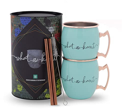 Whatakant - Moscow Mule Becher Set - 2er Großschot in Türkis - 550 ml nachhaltige Kupferbecher und gerade Kupferstrohhalme in Geschenkverpackung - wiederverwendbares plastikfreies Bar Cocktail Set