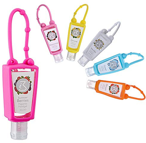 Hygiene Handgel 6er Set antibakteriell Taschenhandgel mit Silikonhülle zum aufhängen in 6 verschiedenen Duftrichtungen 6x 30ml (1 x 6er Set Handgel)