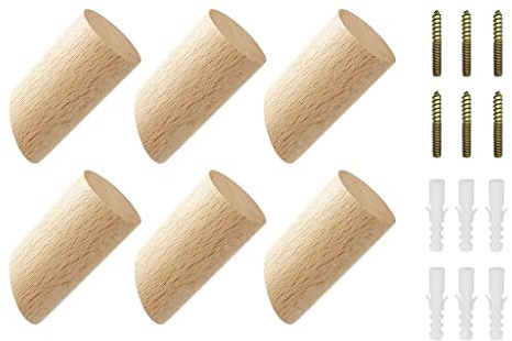 Hitopin Kleiderhaken aus Natürlichem Holz, 6 Stücke 3cm x 6cm Holz Wandhaken, Holz Kleiderhaken, Natürliche Holz Wandhaken,Mit Schraubenzubehör, Zum Aufhängen von Kleidung, Schals, Mützen
