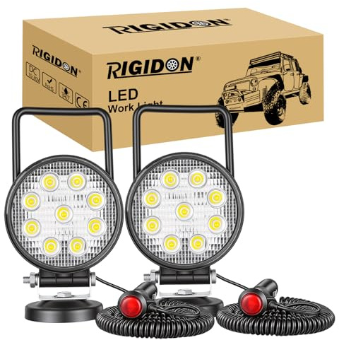 RIGIDON 2x led arbeitsscheinwerfer magnetfuß, suchscheinwerfer, 4 zoll 27W | flood, zigarettenanzünder, 5 meter kabel, 12V 24V, offroad beleuchtung, zusatzscheinwerfer, für auto traktor KFZ LKW 4x4 boot