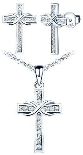 Yumilok Halskette Damen Kreuz in 925 Sterling Silber Damen Kette Religion Unendlichkeit Anhänger Zirkonia Damen Ohrstecker Ohrringe Set für Damen