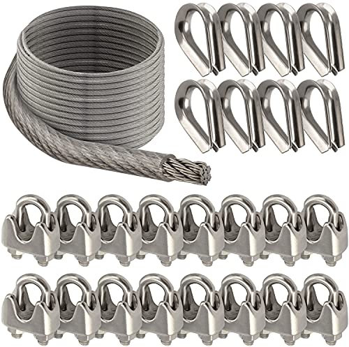 OPIOL QUALITY® 5m Drahtseil Transparent ummantelt 5mm, 16x Drahtseilklemme ähnl. DIN 741 5mm, 8x Kausche 5mm ähnl. DIN 6899 Sonnensegel Set Edelstahl A4 Hanging Kit Klemme Stahlseil