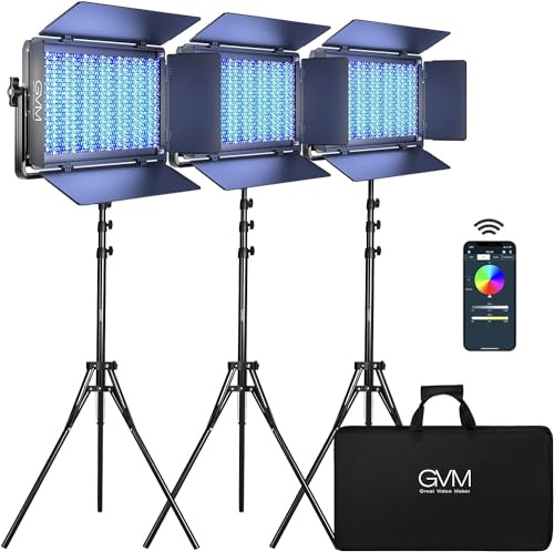 GVM 1500D LED RGB Éclairage vidéo, kit d'éclairage vidéo 75 W avec contrôle Bluetooth, Lot de 3 Panneaux Lumineux pour Photographie, Studio Youtube, Tournage vidéo, conférence,Avoir 1128 Perles LED