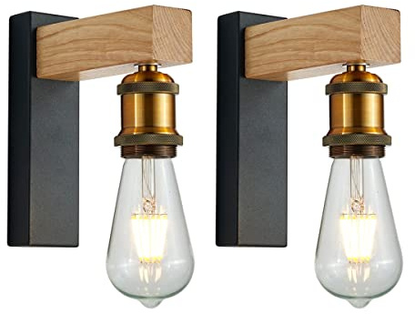 Martll Wandleuchte Innen Holz Vintage E27 Wandlampe Retro Industrial Wandbeleuchtung Innenbeleuchtung für Flur Landhaus Schlafzimmer Wohnzimmer Esstisch(2 Stücke)