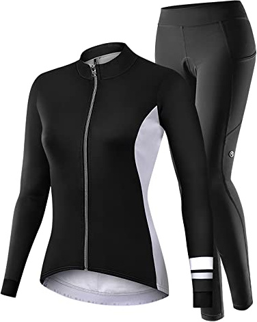 NUCKILY Fahrradbekleidung Set Damen Radtrikot Langarm Winddicht Damen Thermische Fleece mit 3D Polster Hosen