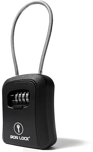 Iron Lock® Portable Key Lock Box and Wall Mount with Removable Cable Shackle Outdoor Waterproof 4 Digit Combination with Resettable Code with A B Switch Key Lockbox for Outside (Medium, Black) | Built-in key hooks + catch tray; hangs on handles, gates, fences or a hasp; wall-mountable; dial cover; no batteries