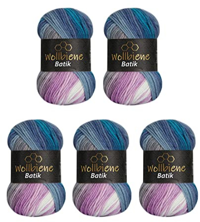 5 x 100 g ullbi batik 500 gram ull med färggradient flerfärgad stickad ull virkull (2030 blå turkos rosa)