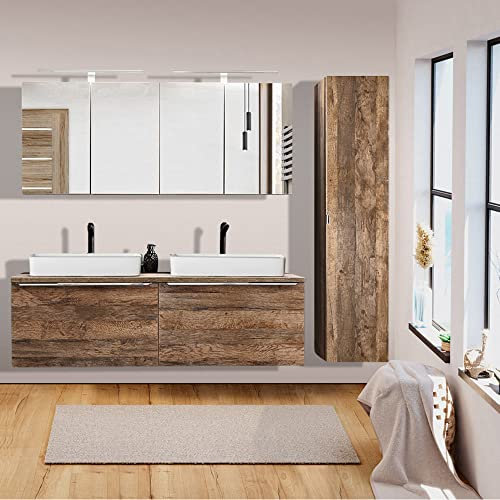 Lomadox Badezimmermöbel Badmöbel Set in Vintage Oak Eiche, 160cm Doppel-Waschtisch Unterschrank, 2 Keramik-Waschbecken, 2 LED-Spiegelschränke, Hochschrank